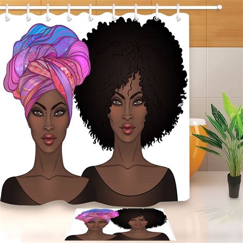 Lb Boho Afro Girl African American Bath Mat And Shower Curtains Set