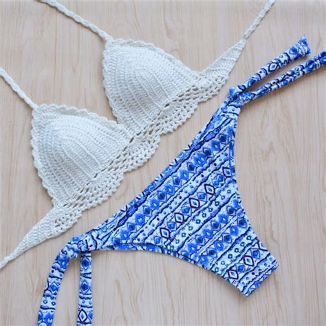 2018 crochet bikini sexy swimwear women halter handmade knitting swimsuit bathing suit brazilian