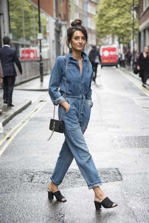 Stay Casual In A Denim Jumpsuit And Wear It With Mules How To Wear A Jumpsuit Popsugar