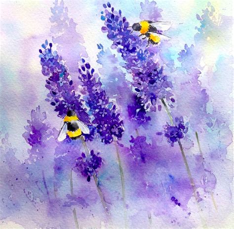 Watercolor Painting Of Bees And Lavender Flowers