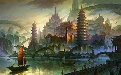 Oriental Digital Bridge Fantasy Town River Building