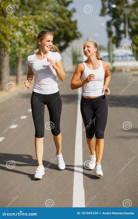 Gorgeous Girls Running On The Blurred Background Sporty Youth Morning