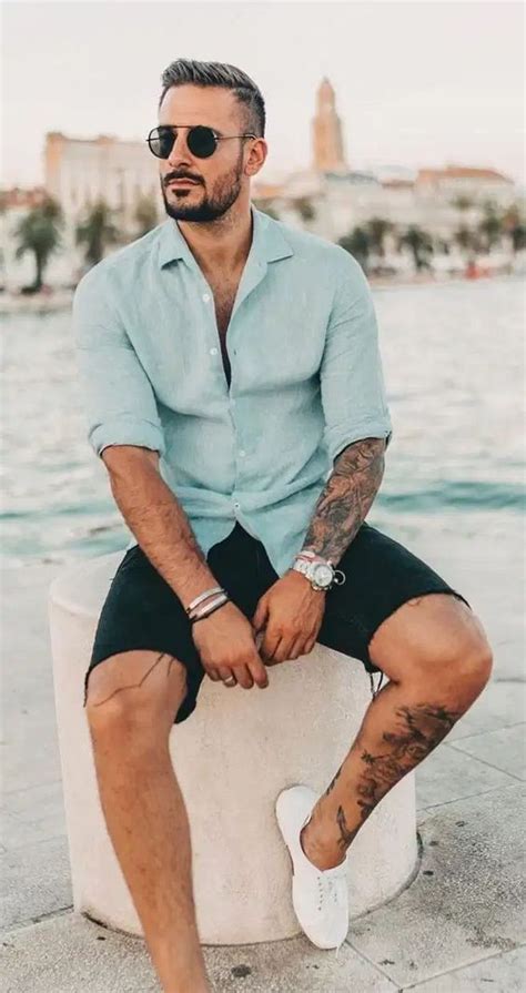 Light Blue Shirt Beach Fashion Tips With Black Shorts Mens Vacation