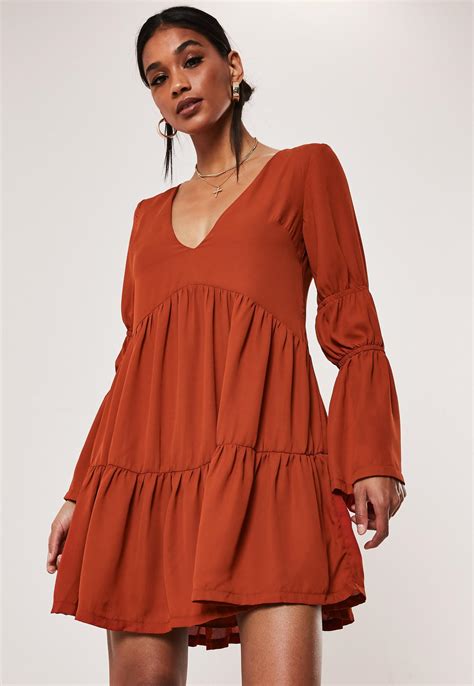 Rust Tiered Smock Dress Missguided