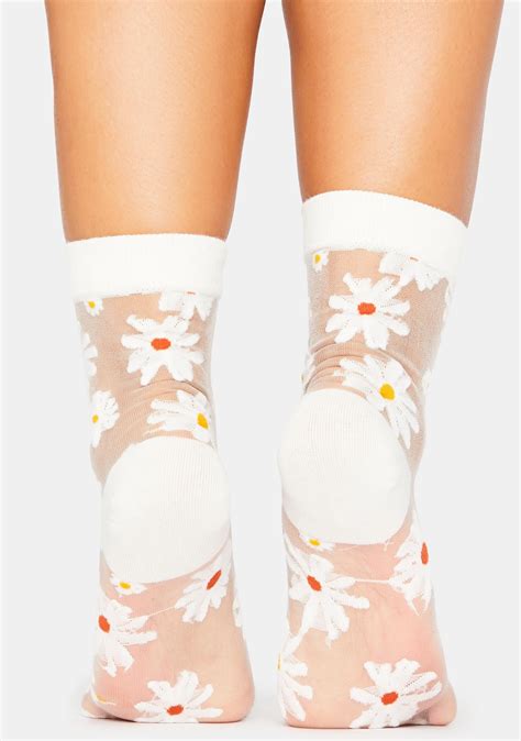 Sheer Embroidered Floral Daisy Ankle Socks White Dolls Kill