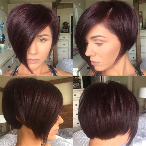 Burgundy Asymmetrical Pixie Bob with Side Swept Bangs and ...