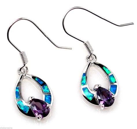 Blue Fire Opal Purple Amethyst Sterling Silver Drop Pierced Earrings