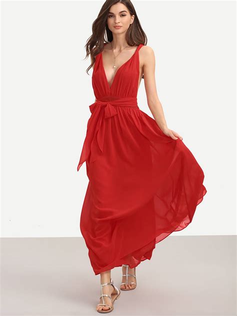 Red V Neck Tie Waist Sleeveless Maxi Dress Sheinsheinside
