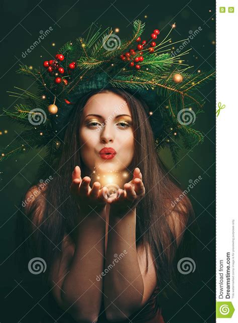 Christmas Woman Blowing Magical Dust Stock Image Image Of Celebration