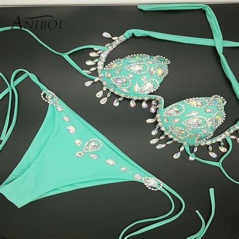 Anibol Sexy Women Swimsuit Push Up Rhinestone Bikini Luxury Diamond Girls Swimwear Crystal