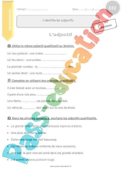 Adjectifs qualificatifs ce1 exercices a imprimer pass. Exercice Adjectif Qualificatif : CE2 - Cycle 2