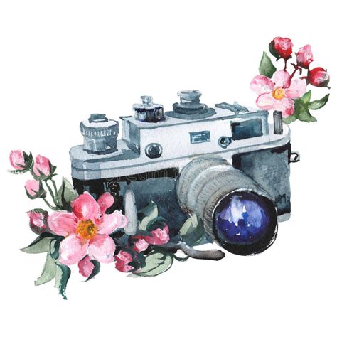Watercolor Raster Illustration Of Vintage Camera And Flower Stock