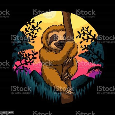 Sloth Climb Tree Sunset Retro Vector Illustration Stock Illustration