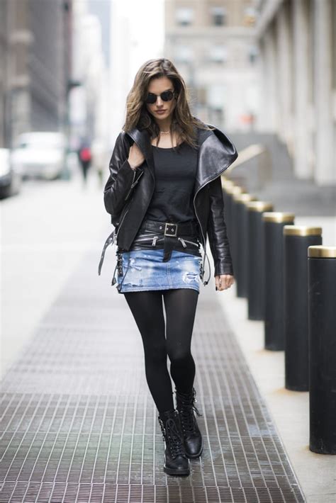 with a black t shirt a denim skirt and a leather jacket stylish ways to wear black tights