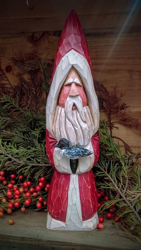 Carved Wooden Santa With Loon Hand Carved Santa Stnick Santa Etsy Santa Carving Wooden