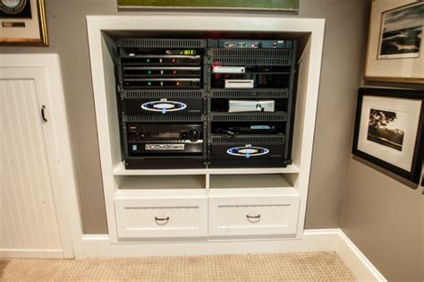 From acoustics and sound leakage to wiring and furnishings, your cinema room will be designed to be technically accurate and totally comfortable. Custom AV Rack - Contemporary - Home Cinema - Charlotte ...
