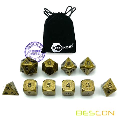 Bescon 10pcs Set Ancient Brass Solid Metal Polyhedral Dice Set Old