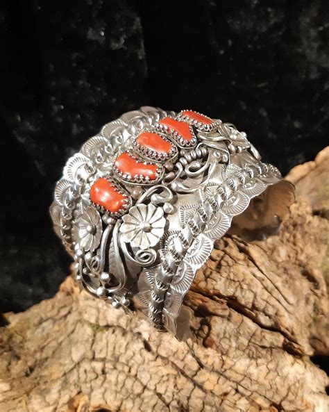 Magnificent Old Pawn Bangle Navaho Men 5 Corals 925 Sterling Silver