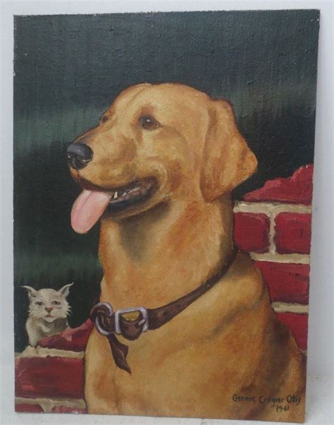 Vintage Mid Century Dog Portrait Golden Labrador Lab Dog And Cat Painting