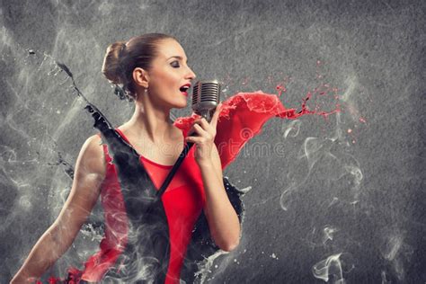 Attractive Female Singer With Microphone Stock Photo Image Of Copy