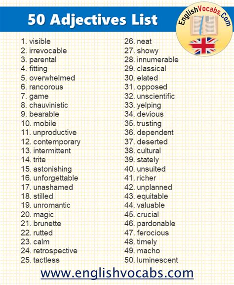 10 Common English Adjectives List In 2021 List Of Adjectives English
