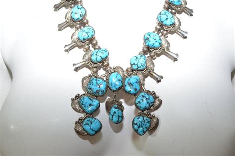 S Bisbee Mine Turquoise Squash Blossom Necklace Navajo Sterling At