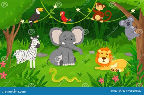Cartoon Wild Animals In Jungle Forest Tropical Animal Habitat Cute