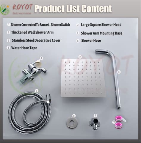 Koyot 304 Stainless Steel Bathroom Square Rain Shower Set With 1 In 2 Out Faucet Hose Shower Rod