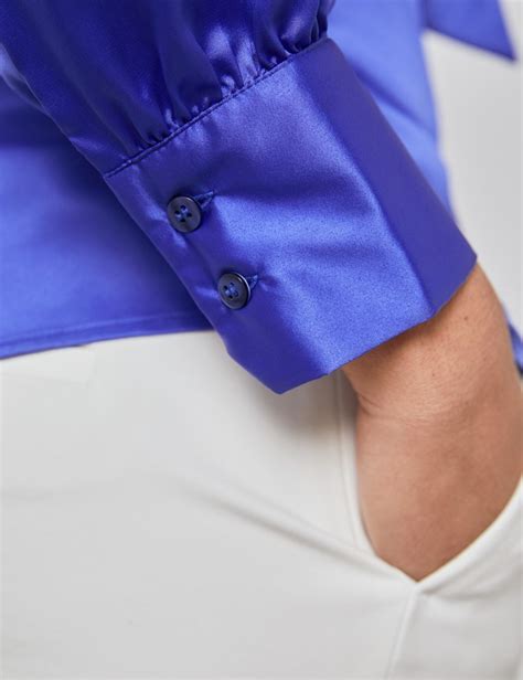 plain satin women s fitted blouse with single cuff and pussy bow in electric blue hawes and curtis