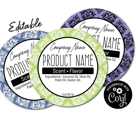 Editable Damask Round Label Sticker Template Personalize Customize
