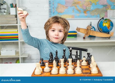 Thinking Child Little Boy Playing Chess Concentrated Boy Developing