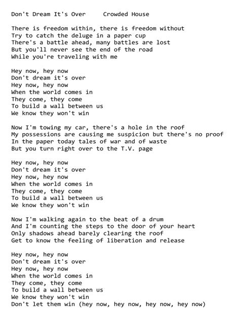 Dont Dream Its Over Crowded House Lyrics Pdf