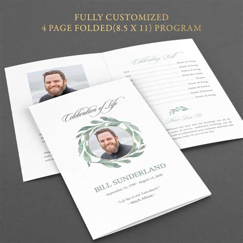 Paper And Party Supplies 1148 Bifold Funeral Program Template Greenery