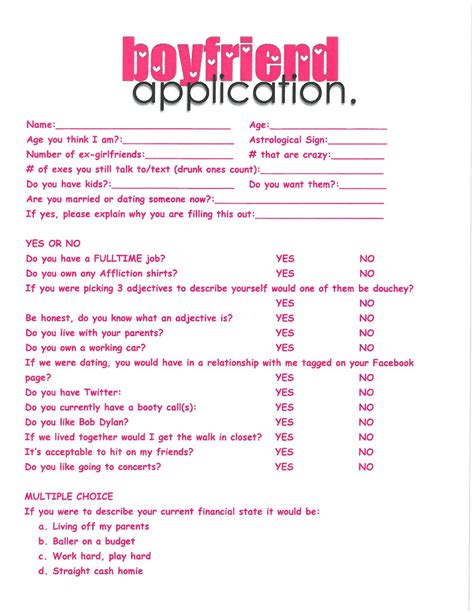 Boyfriend Application Printable