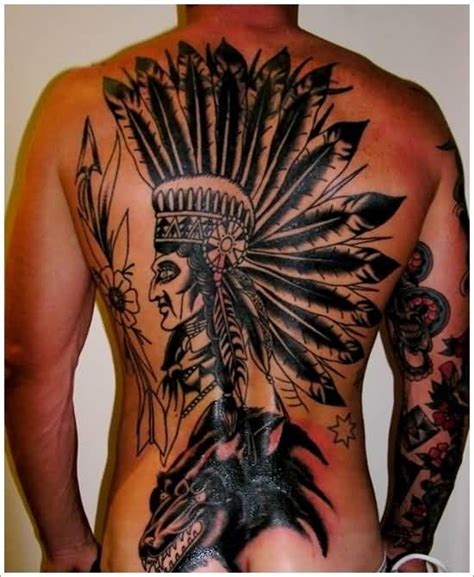 Stunning Black Ink Very Detailed Big Indian Chief Tattoo On Whole Back Stylized With Flowers And