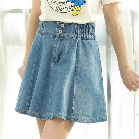 Exotao Mini Denim Women Skirt Summer Harajuku Kawaii Elasticity Pleated Jeans Skirts A Line