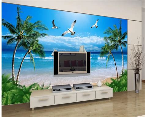Custom 3d Wallpaper Seaside Tree Beach Boat Seagull Background Wall