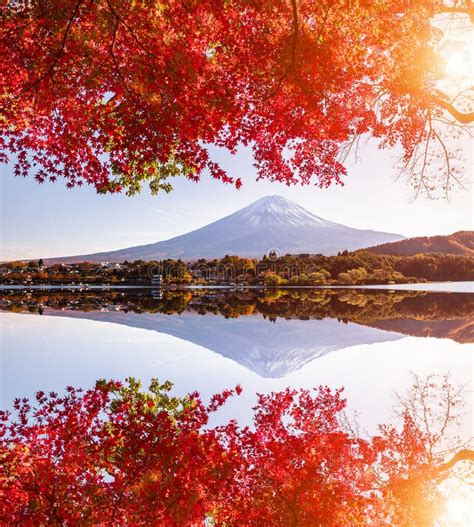 Mt Fuji In Autumn On Sunrise At Lake Kawaguchiko Japan Stock Image
