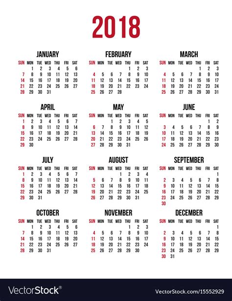 Calendar 2018 Year Week Starts Sunday Us Vector Image