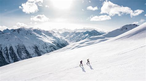 Free Photo Two Man Hiking On Snow Mountain Adventure Sunlight Sun