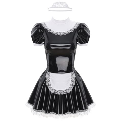 Us Freebily Women Wet Look Pvc Leather French Maid Costume Outfits Ruffles Dress Ebay