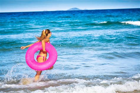 Blonde Woman With Inflatable Raft Stock Photo Image Of Happiness Inflatable