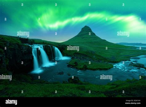 Aurora Borealis Northern Lights Over Kirkjufellsfoss Waterfall Amazing