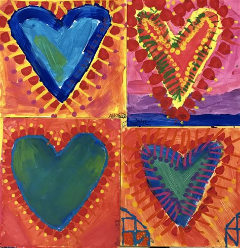 2nd Grade Painted Hearts With Tempera Printing Inspired By Jim Dine