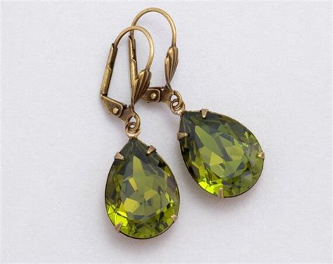 Olive Green Earrings Green Rhinestone Earrings Swarovski Etsy