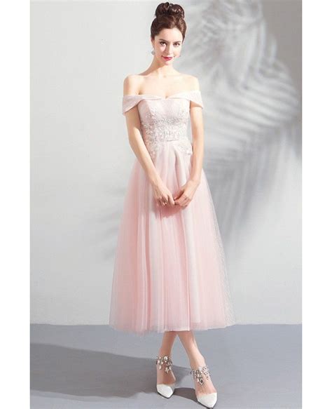 Gorgeous Pink Tulle Off Shoulder Tea Length Party Dress Off Shoulder