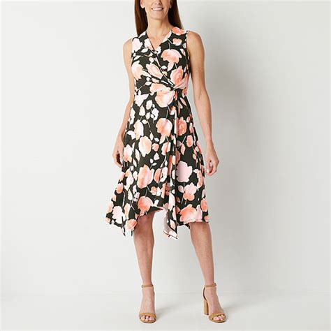 Perceptions Sleeveless Floral Puff Print Midi Fit Flare Dress Color Olive Peach Jcpenney