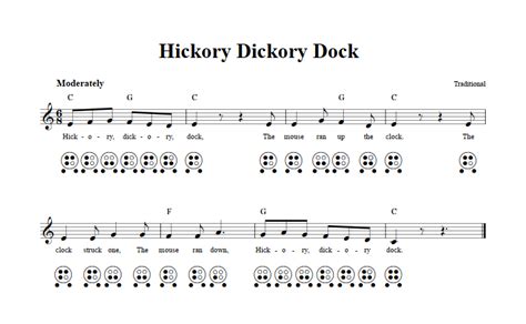 hickory dickory dock 6 hole ocarina sheet music and tab with chords and lyrics