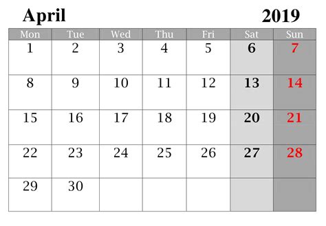 Blank Monthly Calendar Pages April 2019 Printable Template