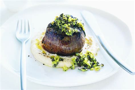 chargrilled steak with green olive tapenade and butter bean mash recipes au